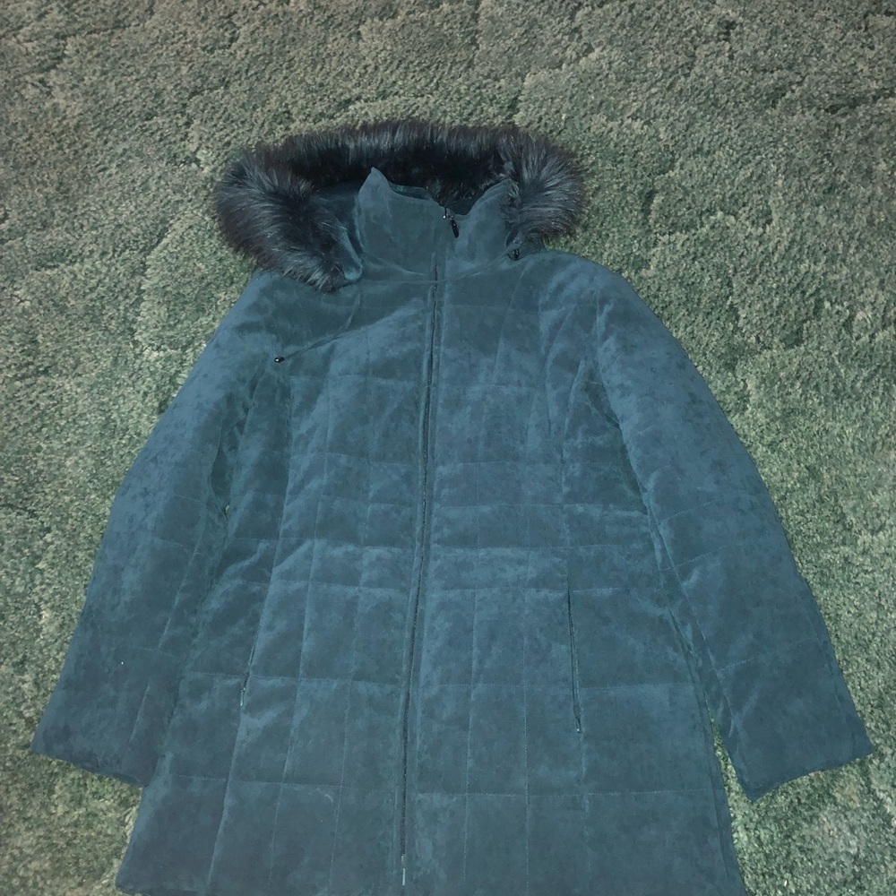 Teal green winter coat with removable hood